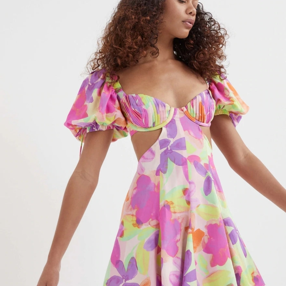 NWT For Love And Lemons Mya Floral Puff Sleeve Dress
